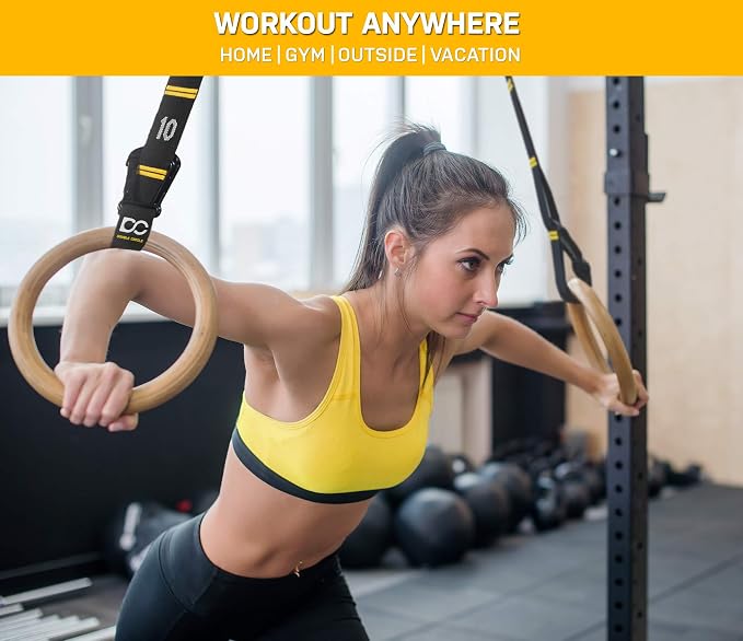 Double Circle Gymnastics Rings with Quick Adjust Numbered Straps and Exercise Videos Guide - Full Body Gym Rings - Calisthenics Rings Wooden Rings 1.25" (Wax Oil Finish)