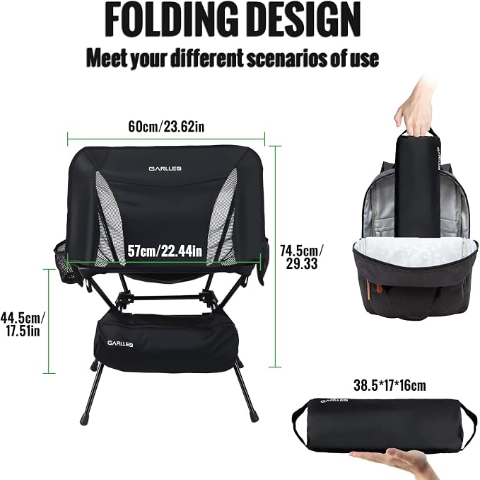 GARLLEN Portable Camping Chair 220LBS Capacity, Folding Backpacking Chair with Both Side Pockets, Folding Travel Chair with Carrying Bag & Anti-Slip Feet for Camping, Hiking, Picnic, Beach