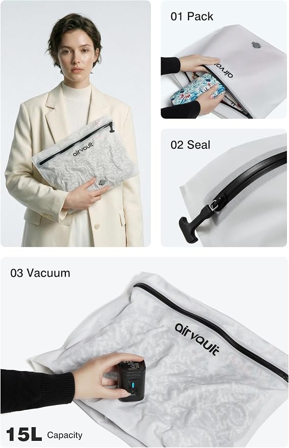 AirVault Vacuum Storage Bags for Travel with Air Pump, Waterproof Compression Packing Organizer, IPX8 Vacuum Travel Bag for Carry On Suitcase & Backpack (15L Flat, 2-Pack)