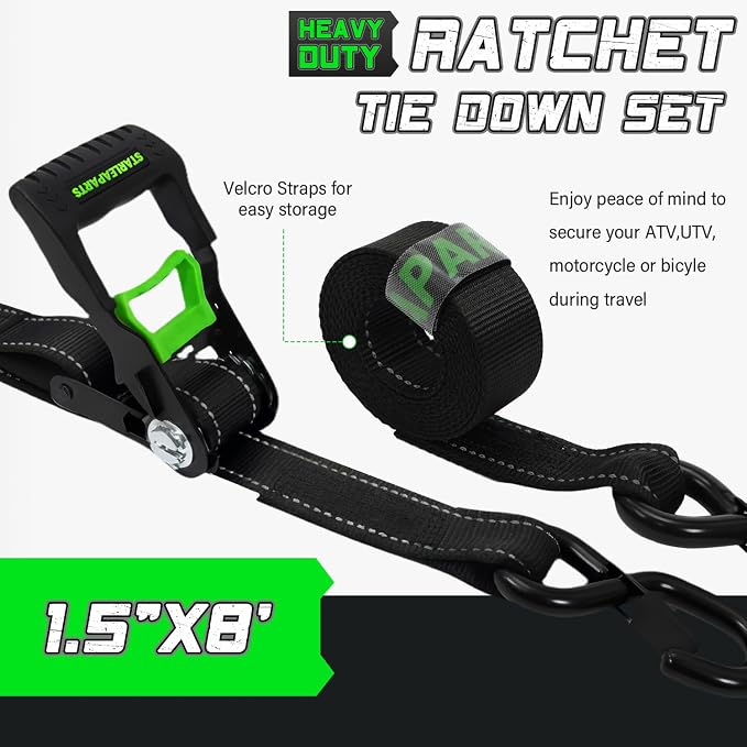 Motorcycle Tie Down Strap (4PK 1.5INX8FT) - 5,250lb Break Strength, Ratchet Straps Heavy Duty, Soft Loop Ratchet Straps for Moving Appliances, Lawn Equipment, Cargo Straps for Trucks