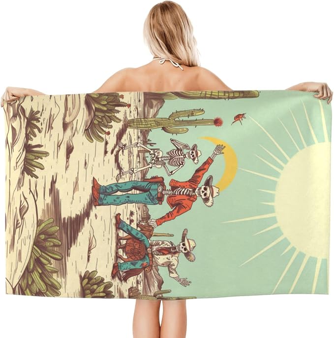 Retro Western Skeleton Beach Towel, 32x52in Microfiber Quick Dry Fun Cowboy Desert Cacti Vintage Bath Towels, Soft Lightweight Oversized Sand Free, for Travel Pool Swimming Gym Decor, Gifts