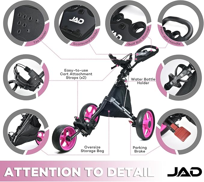 Golf Push Cart 3 Wheel - JAD ProGolf Ladies Pushcart for Women Golfers, Super Lightweight Deluxe Easy to Fold Collapsible Golfing Pull Cart