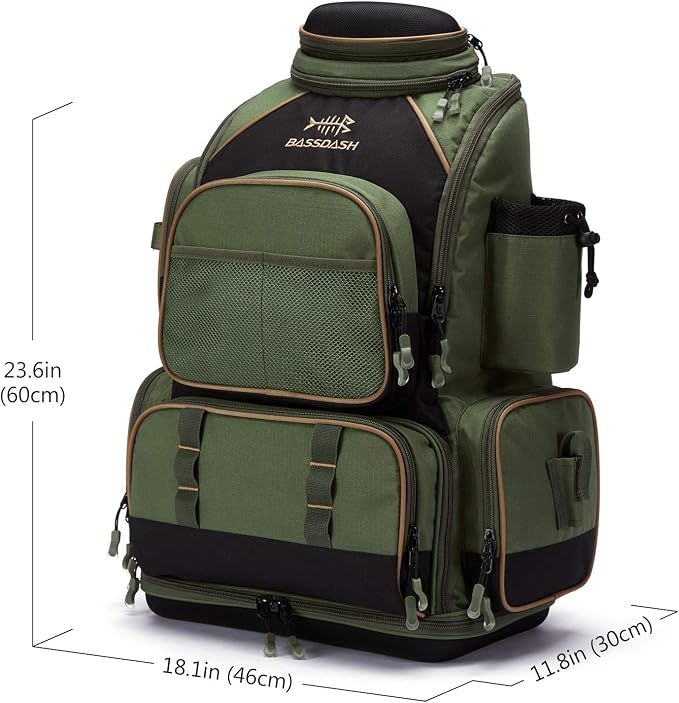 BASSDASH Fishing Tackle Backpack Water Resistant Tactical Bag Soft Tackle Box with Rod Holder and Protective Rain Cover