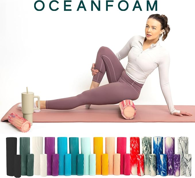 Oceanfoam Ripple Travel Foam Roller (11" x 3.35") Firm Mini Foam Roller for Physical Therapy, Deep Tissue Massage, Back Pain - High Density, Ergonomic Wave Textured - Yoga, Exercise (Cotton Candy)