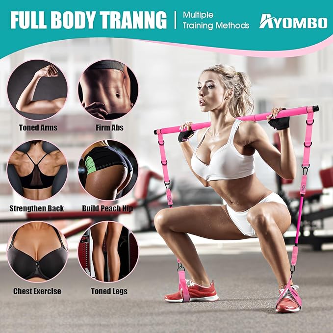 Ayombo Pilates Bar Kit with Resistance Bands, Pilates Workout Equipment for Legs, Hip, Waist, Arm, Squats Exercise Equipment for Home Workouts, Adjustable 3-Section Pilates Bar Kit for Women & Men