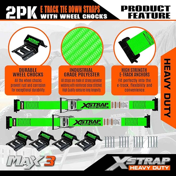 XSTRAP STANDARD Wheel Chock E-Track Tie Down Straps Kit, 2 Pack 2" x 9FT Over-The-Tire Ratchet Straps with Steel Wheel Chocks, 1466 lbs WLL for ATV, UTV, Lawn Mower, Trailer Hauling, Green