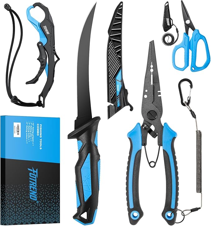 Fishing Tool Kit, Fishing Gear and Gifts for Men | Fishing Plier with Sheath, Fillet Knife, Fishing Scissors, Fish Lip Gripper, Tool Retractor, Keychain Bottle Opener