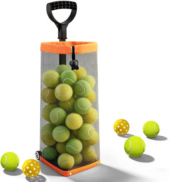 Rolling Tennis Ball Hopper with Wheels - Pickleball Picker Upper and Tennis Ball Basket - Adjustable Tennis Ball Picker and Pickleball Hopper - Portable Wheeled Ball Collector for Courts