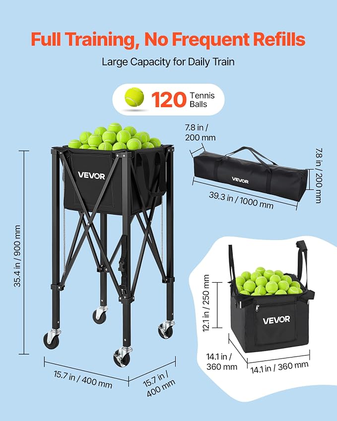 VEVOR Tennis & Pickleball Hopper Holds 200/175/150/120 Balls, 3-in-1 Tennis Foldable Pickleball Basket Cart for Easy Installation, Storage Bag for Tennis Training & Teaching