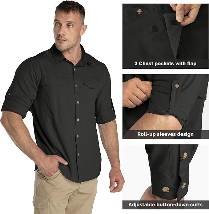 33,000ft Men's Long Sleeve Hiking Shirts Lightweight Quick Dry Sun Protection UV UPF 50 Fishing Shirt Outdoor Safari Travel
