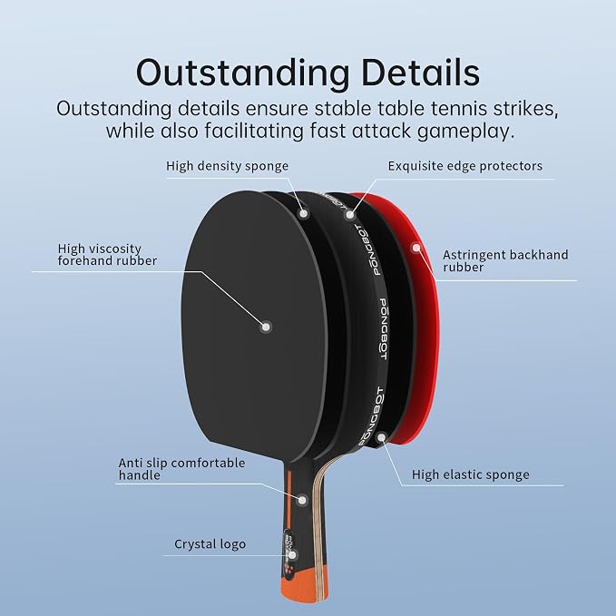 PONGBOT Five-Star Ping Pong Paddle, Professional Level Table Tennis Racket with Hard Case, Carbon Fiber, 7-Ply Blade, Premium Rubber, for Competitive Tournaments and Serious Players