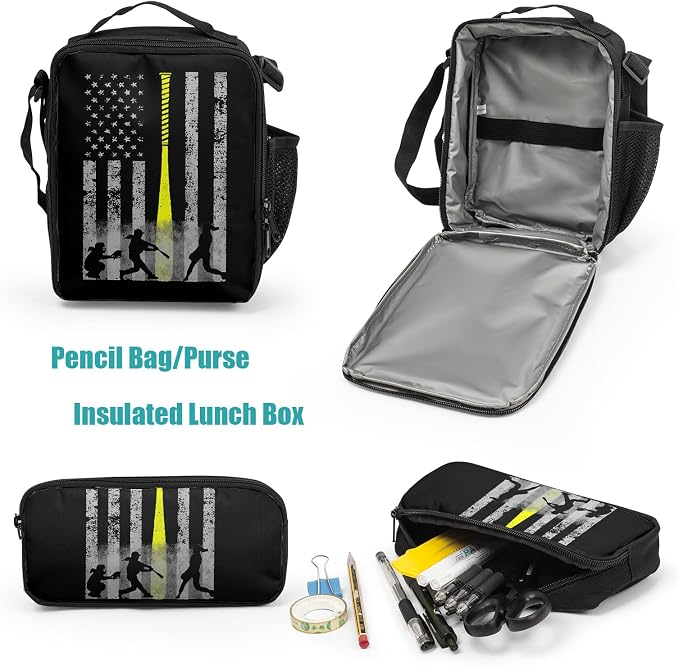 Giwawa Baseball American Flag Backpack Set 3 Pcs Patriotic USA Sporty Lightweight Bookbag Insulated Lunch Box Organizer for Athletes Students Sports Events Study Back to School Day Travel