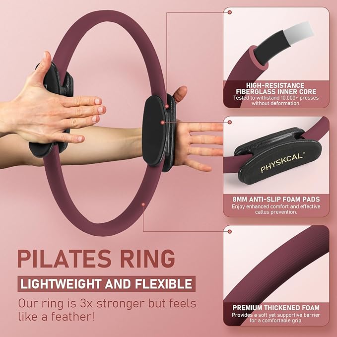 PhysKcal Pilates Kit, 15-Inch Pilates Ring with 1x Core Ball, 3X Resistant Loops and 2X Flex Bands, Home Pilates Equipment Set and Mat Pilates Essential Kit