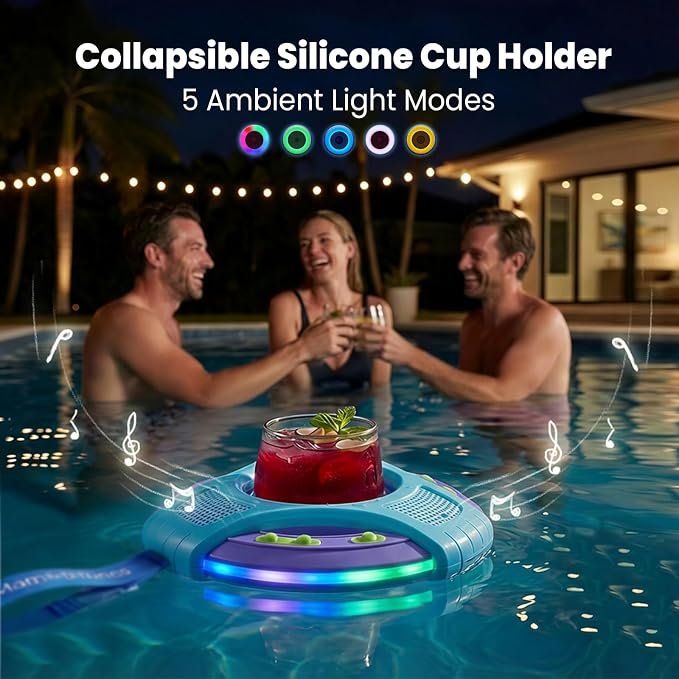 Mambobaby Floating Bluetooth Speaker with Collapsible Cup Holder, IPX7 Waterproof Shower Speaker with 360° Sound & LED Lights, Pool, with Versatile Hanging Strap, Great Gift for All Ages(Blue Purple)