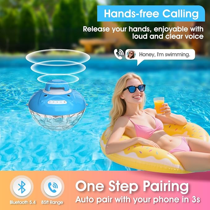 Bluetooth Pool Speaker w/Colorful Pool Fountain Light, 3 in 1 Floating Pool Speaker Loud Sound, IP68 Waterproof Floating Hot Tub Speakers, Bluetooth 5.4, 24H Playtime Pool Wireless Speakers