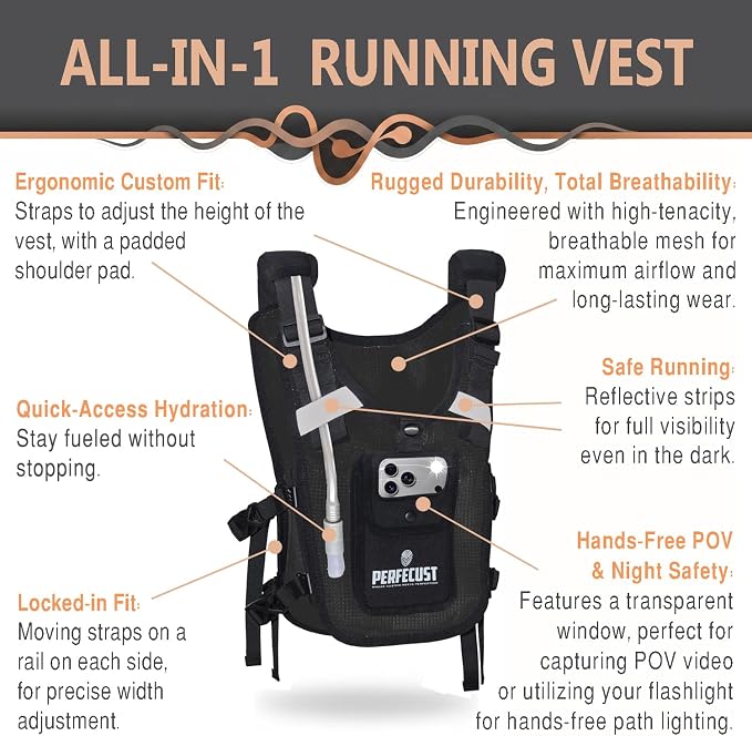 Running Hydration Vest with POV Camera Phone Pocket — Includes 1.5L Water Bladder — Zero-Bounce Stability, Adjustable Straps — Lightweight Reflective Hiking Backpack for Women & Men