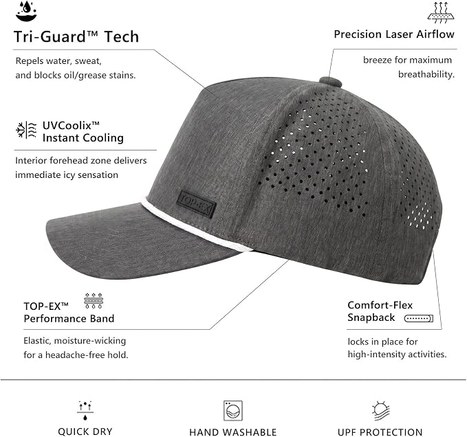 TOP-EX Performance Baseball Hat for Men Water Resistant Golf Cap Running Cooling Snapback Laser Perforated