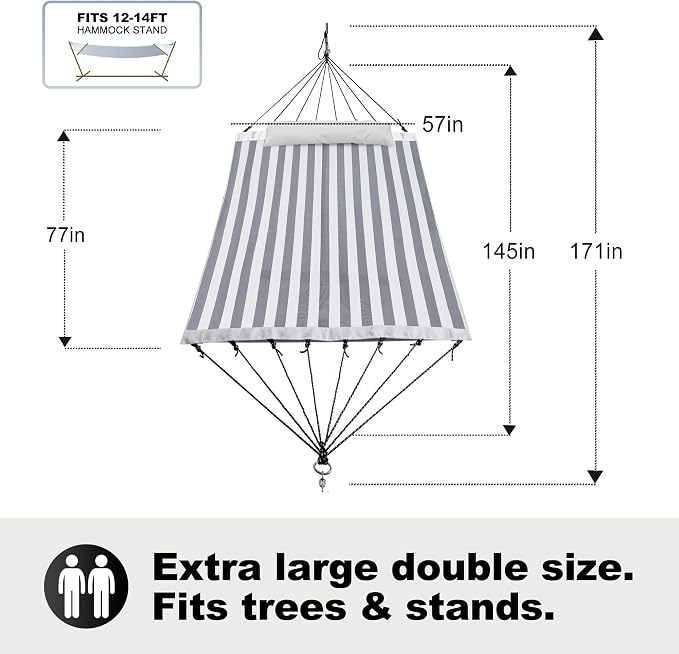 GAFETE 14ft 2 Person Hammock for Outside, Quick Dry Textilene, Portable Hammocks Without Stand with Folding Steel Spreader Bar, Carrying Bag, Tree Straps & Sidebag, 550 lbs Capacity (Black White)