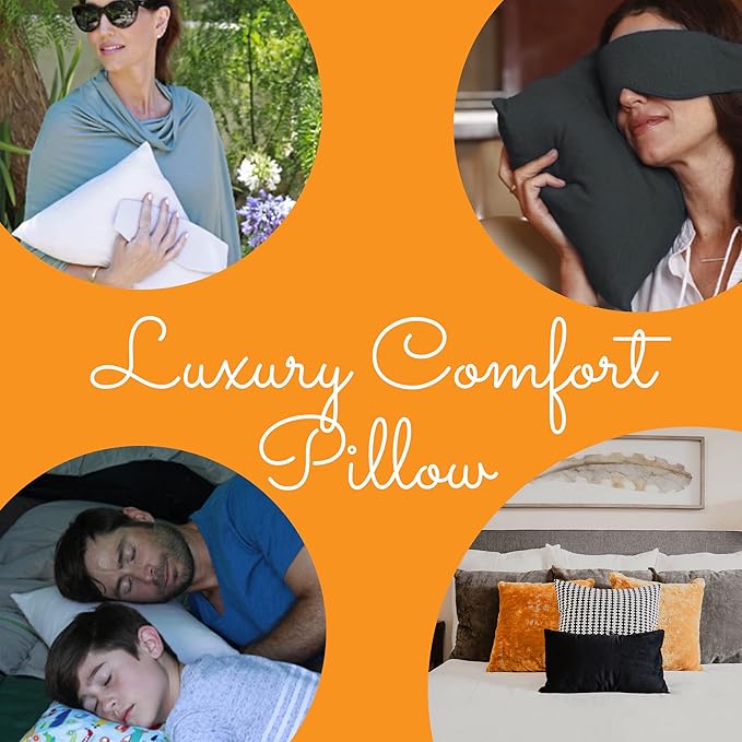 Happyluxe Odyssey Travel Pillow for Long Flights - Soft, Small, Alternative to Down and Memory Foam. 17 x 13in - Made in the USA, Jet Black Airplane Pillow for Adults Sleeping, Camping or Nap