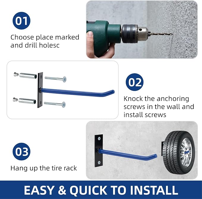 Sinoer 10-Inch Heavy Duty Steel Tire Rack Wall Mount (4-Pack) – Anti-Slip Garage Tires Hooks for Tire, Wheel, Ladder, Bike & Tool Storage – Garage Organization Hanger with Screws & Anchors,Blue