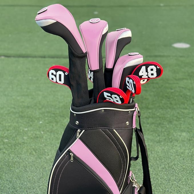 Andux 3pcs/Set PU Golf Wood Club Head Covers with Long Neck | for 460cc Driver Fairway Wood Club with Hook & Loop No. Tags Coloured Piping Pull-On Closure