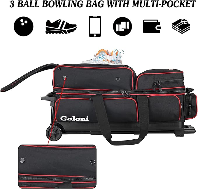 Goloni 3 Ball Bowling Bags with Wheels - Rolling Bowling Bag for 3 Balls & Accessories - Retractable Handle Extends to 38