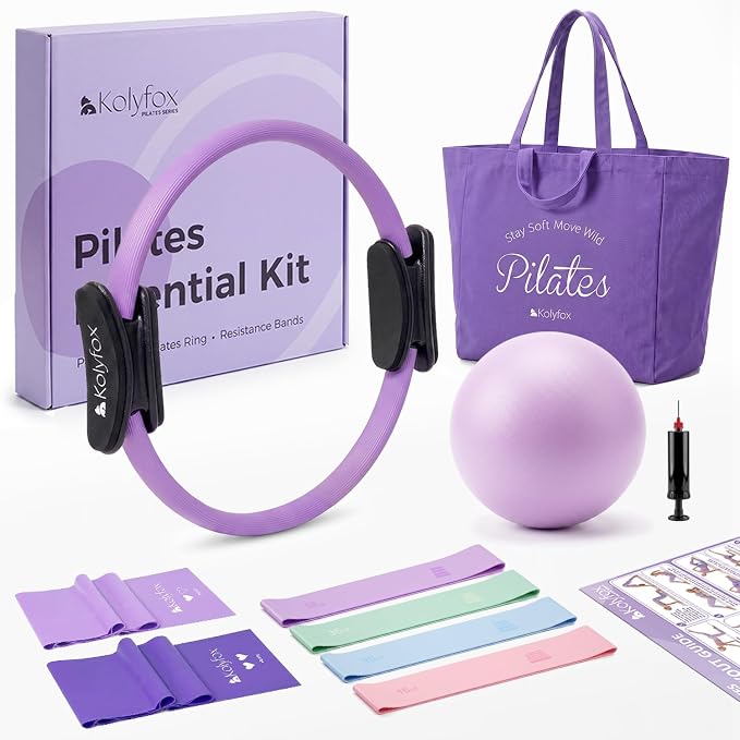 Pilates Kit - 15" Pilates Ring Set for Women Home Workouts, Pilates/Yoga Equipment for Beginners, Pilates Magic Circle with 9" Core Ball, Resistance Bands, Guide & Bag