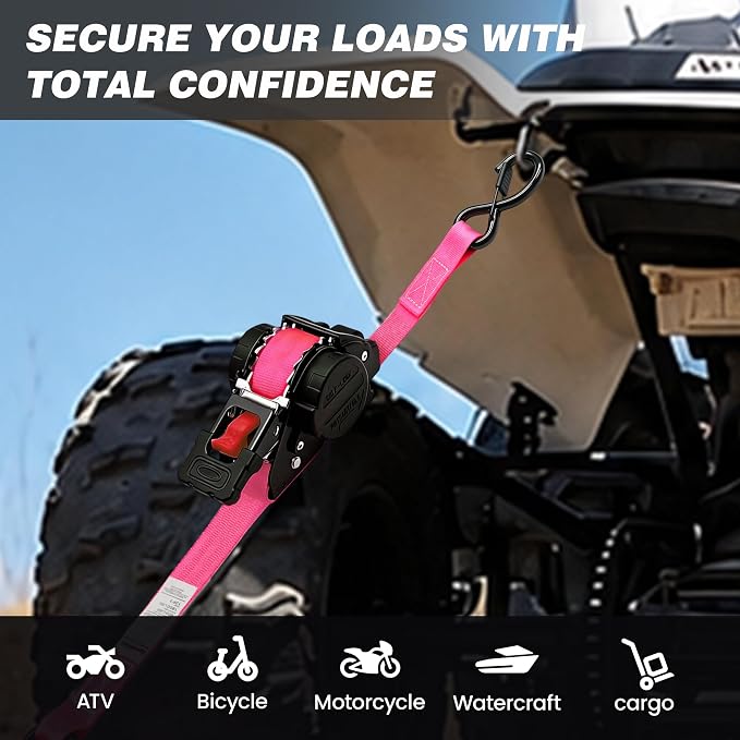 Retractable Ratchet Straps1In x 13Ft - Heavy Duty Auto Slow Retraction Tie Down Straps - 1,800lb Break Strength Self Retracting for Truck, Cargo Trailer, Motorcycle, ATV, UTV - Pink, 4Pack