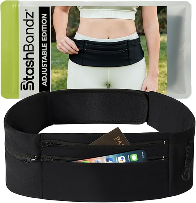 StashBandz Adjustable Running Belt and Travel Money Belt - 3 Large Zippered Pockets + Water Bottle Holder, No-Bounce Fanny Pack with Key Clip, Fits Any Size Phone, Passport & More, Black, Small