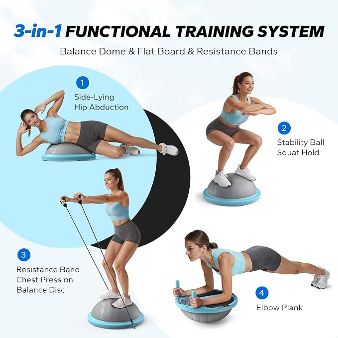 MERACH Balance Ball Trainer, 18 Inch Half Exercise Ball with Resistance Bands and Foot Pump, Half Yoga Ball for Core Strength Training, 450lb Capacity
