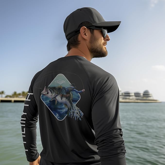 Palmyth Fishing Shirts for Men Long Sleeve UPF 50+ T Shirt Sun Protection | Quick Dry, Sun Protection, Myth-Cool Fabric, Fish Print, Moisture Wicking, Stretchy, Breathable, Fishing,Boating,Outdoor Wear