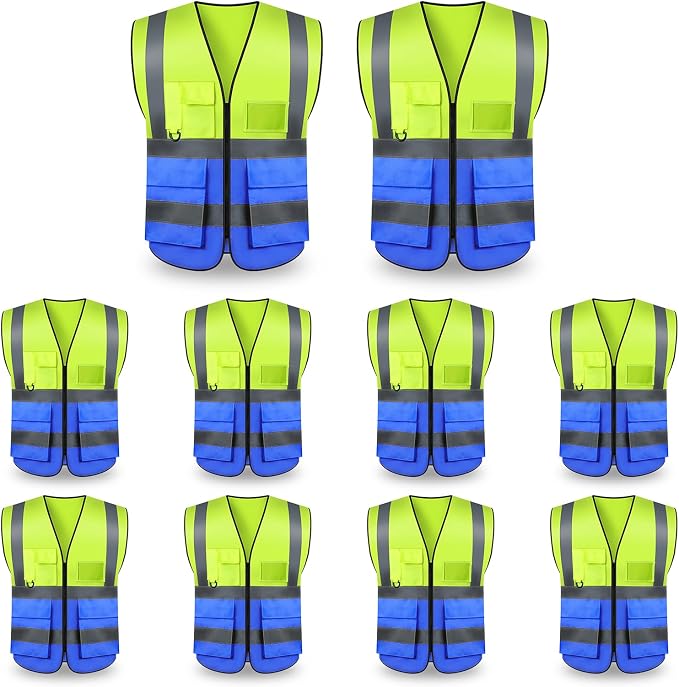 Safety Vests,Hi Vis Vest Reflective Vest with 5 Pockets and Zipper for Men Women, Neon Working Vest for Outdoor One Size