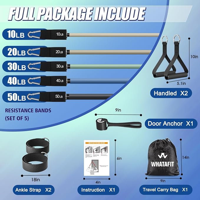 WHATAFIT Resistance Bands, Exercise Bands, Workout Bands with Handles, Door Anchor and Ankle Straps, 5 Resistance Levels Fitness Bands for Strength Training, Physical Therapy, and Home Gym Equipment