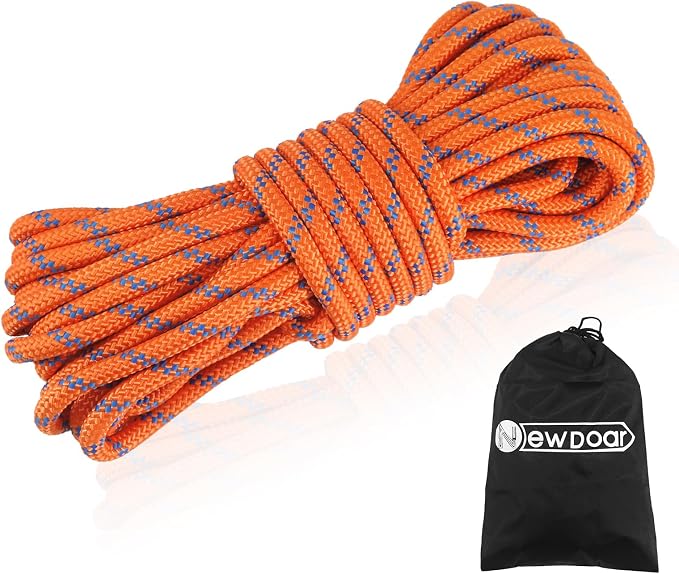 NewDoar Static Climbing Rope - 8mm (5/16c) / 10mm (3/8”) Double Braid Accessory Cord for Rock,Hauling, Prusik, Survival - Pre-Cut 20FT, 50FT, 100FT, 165FT Lengths - Outdoor, Fire Rescue Equipment