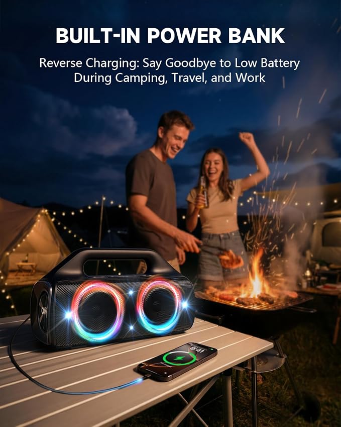 IP67 Waterproof Bluetooth Speaker:80W(Peak) Loud Outdoor Portable Wireless Party Speakers with LED Lights,20H Playtime,Bluetooth 5.3,Deep Bass & TWS for Pool,Beach (Black)