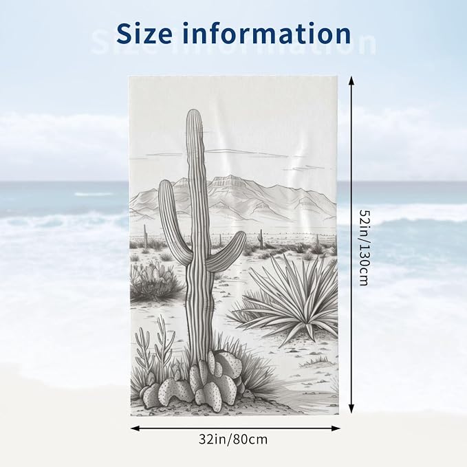 Southwestern Cactus Beach Towel, 32x52in Microfiber Quick Dry Desert Landscape Monochrome Bath Towels, Soft Lightweight Oversized Sand Free, for Travel Pool Swimming Gym Decor, Gifts
