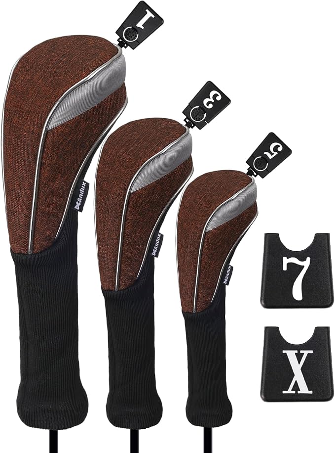 Andux 3pcs/Set Nylon Golf Wood Club Head Covers with Long Neck | for 460cc Driver Fairway Wood Club Silver Piping Pull-On Closure