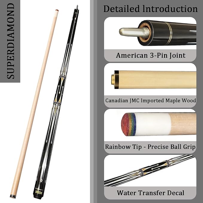 SUPERDIAMOND Pool Cue Stick Set Billiard Cue Sticks with Hard Case, 2-Pieces 58" Pool Table Sticks, 12.5 mm Tip Pool Queue,Pool Stick Set for Home Recreation, Billiards Clubs, Training