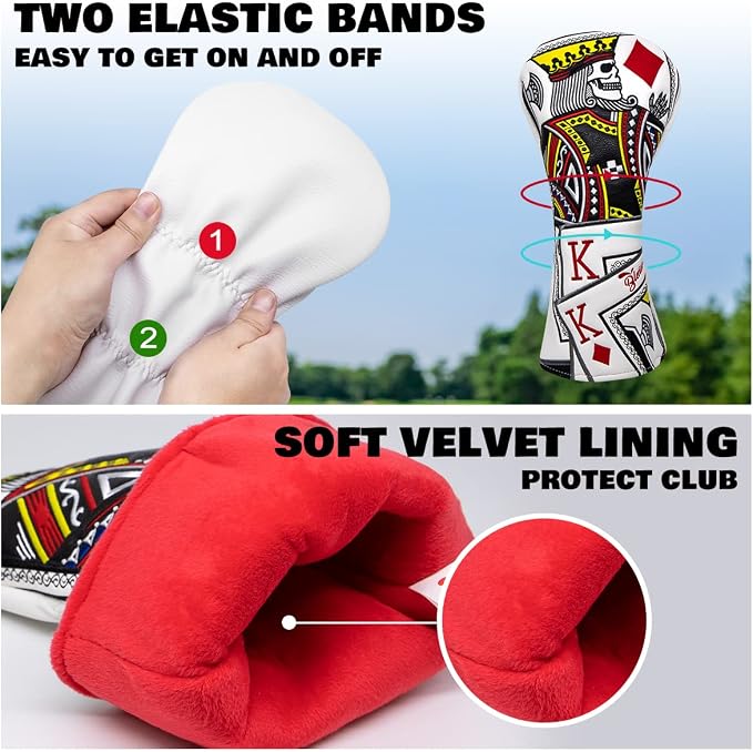 Golf Club Covers Poker Diamond King Driver Cover Fariway Wood Headcover 3 Hybrid Head Covers Blade Putter Cover Mallet Putter Haedcovers with Magnetic Closure for Most Brand