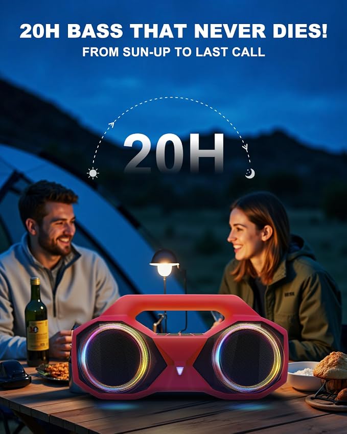 OZJ Bluetooth Speaker Outdoor Loud: 80W(Peak) with Bass, Portable Wireless Speaker with IPX7 Waterproof, 20H Playtime, RGB Lights, TWS for Outside, Beach, Work (Red)