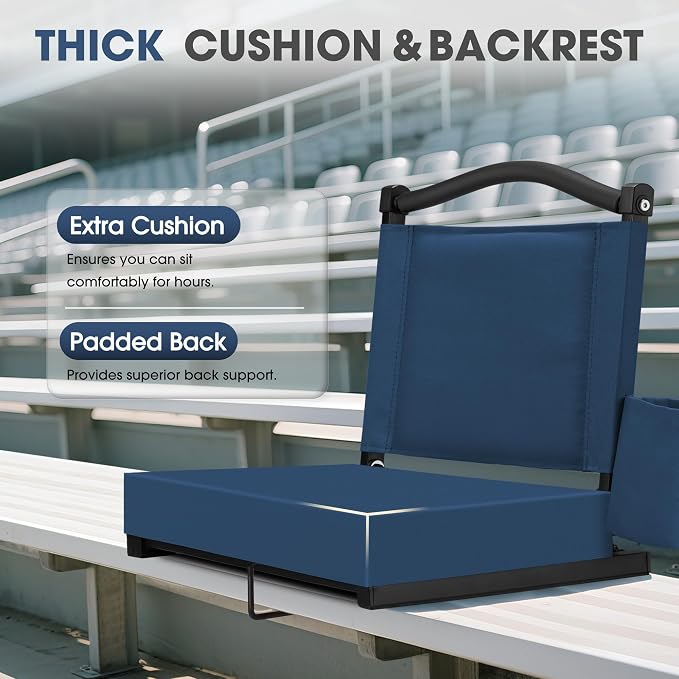Fragess Bleacher seat, Stadium Seats with Back Support and Thick Cushion, Bleacher Chairs with Shoulder Strap and Side Pocket, Stadium Seat for Bleachers, Perfect for Sports Events(Navy Blue)