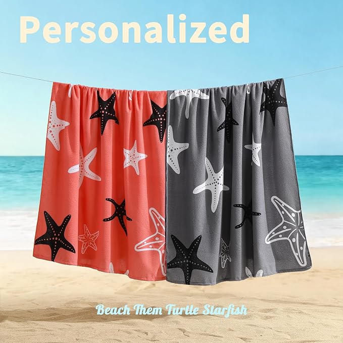 Belista Oversized Beach Towels 4 Pack,40”x70” Microfiber Thin Large Beach Towel Set for Adults Travel Camping Swimming,Turtle Starfish Them Sand Free Quick Dry Lightweight XL Pool Towels,Orange & Gray
