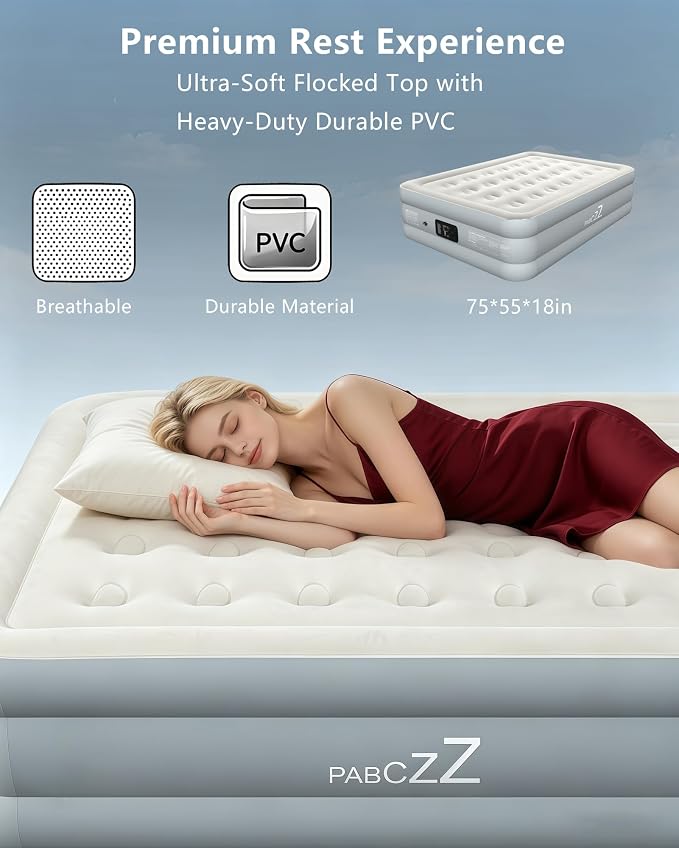 air Mattress Full with Built in Pump – 18-Inch Thickened air Bed Suitable for Camping, Home use, and Guest Accommodation, Supports Up to 600 Pounds (Light Gray, Full)