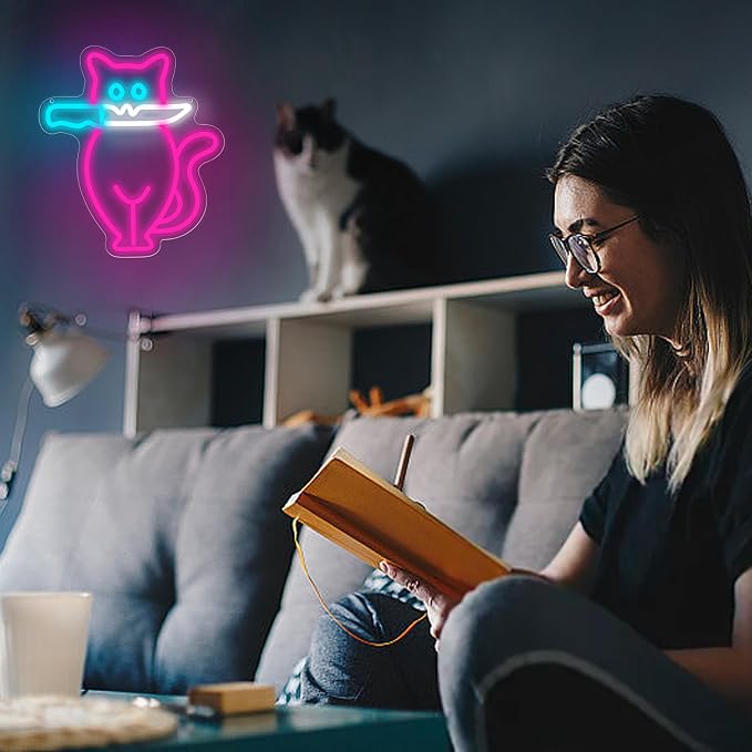 Cautiously Cat Neon Sign for Wall Decor Cat Knife Neon Light Man Cave | Dimmable Neon,Birthday Cartoon Gifts,5V USB Powered,Teen Boys Bedroom Decor,Pet Shop,Club,Bar,Shop Wall Art,11.8*13.7in
