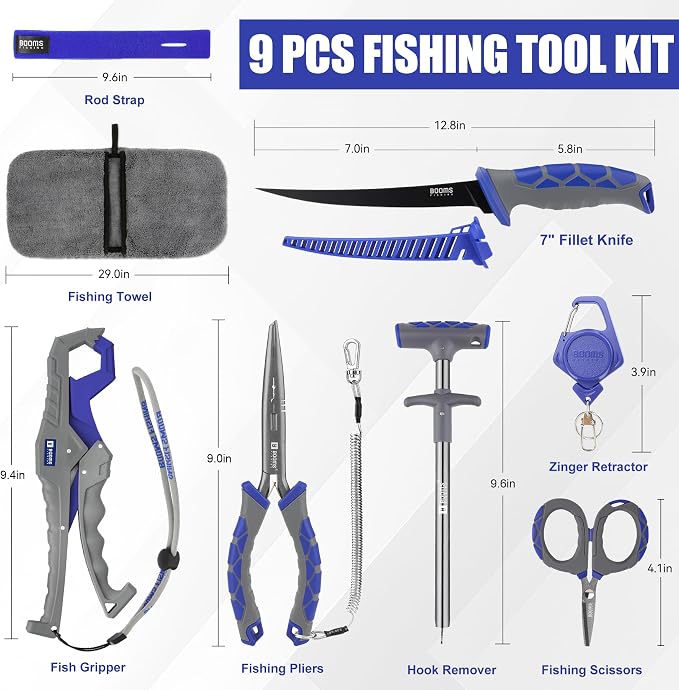 Booms Fishing Gear and Equiment: 9pcs Fishing Tool kit - 7" Fillet Knife, 9" Needle Nose Pliers, Digital Fish Scale with Gripper, Dehooker, Scissors, Towel, Retractor and 2 lanyard for Saltwater, XT05