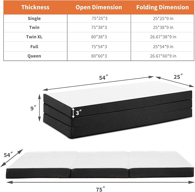 Tri-Fold Full Memory Foam Pads, 3 inch Folding Topper with Washable Cover, Portable Non-Slip Guest Floor Bed for Camping Travel – Ideal for Overnight Guests, RV, and Outdoor Adventures