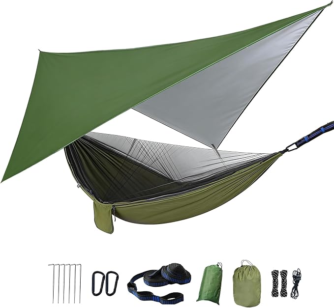 Camping Hammock with Rain Fly Tarp Mosquito Net Heavy Duty Tree Straps Portable Double Parachute Hammocks Tent Waterproof Rainfly Set