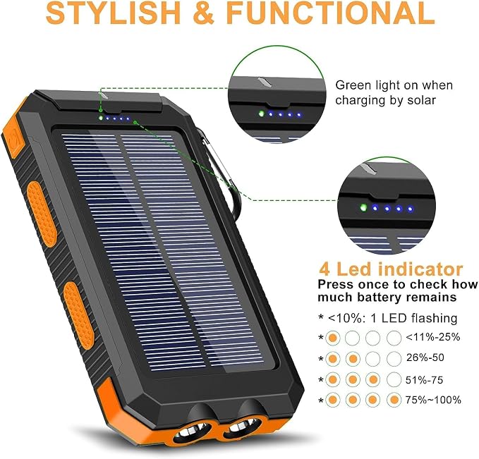 YELOMIN 38800mAh Solar Power Bank, Portable Charger USB-C Fast Charging Compatible with iPhone Samsung, Dual LED Flashlight Battery Pack, 3 Output Backup Charger for Camping Hiking Outdoor Emergency