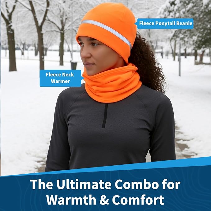 Hunter Orange Winter Running Set: Reflective Beanie + Micro-Fleece Neck Gaiter