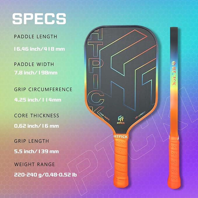 Pickleball Paddles, Carbon Fiber Pickleball Paddle High Grit & Spin with PP Honeycomb Core 16mm Thickness and Thermoformed Elongated Shape, Increased Power for Ultimate Spin & Consistency